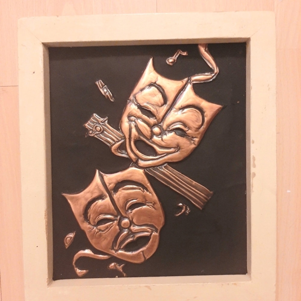 Theater Mask Wall Art in Copper and Black.